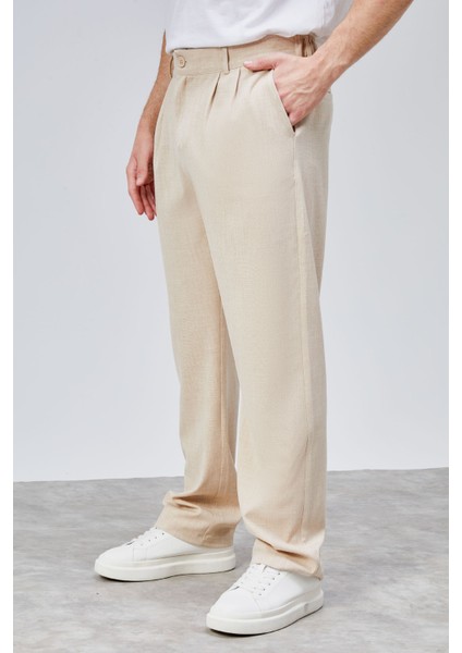 Erkek Bej Çift Pileli Rahat Kesim Beli Lastikli Bol Paça Baggy Pantolon ALBERT-1991 fırsatları