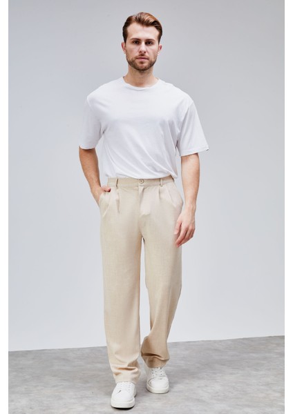 Erkek Bej Çift Pileli Rahat Kesim Beli Lastikli Bol Paça Baggy Pantolon ALBERT-1991 indirimleri