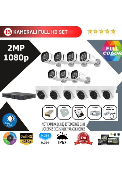 13'lü 2mp Ahd Güvenlik Kamera Seti – Full Hd, Gece Görüşlü, Kayıt Cihazı Dahil