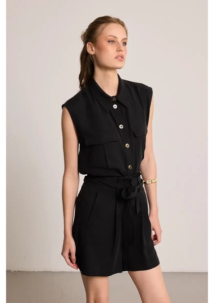 Beli Kemerli Tencel Şort - Siyah