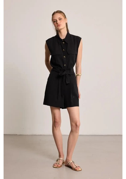 Beli Kemerli Tencel Şort - Siyah