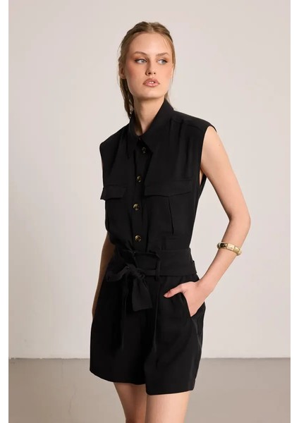 Beli Kemerli Tencel Şort - Siyah