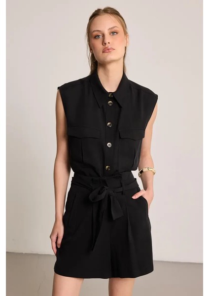 Beli Kemerli Tencel Şort - Siyah
