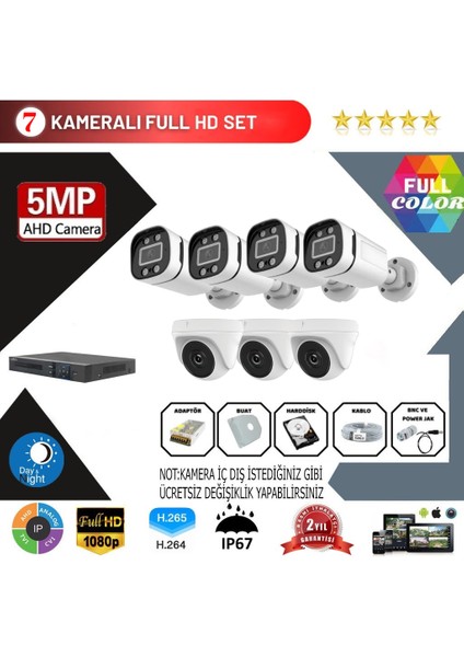 7'li 5mp Ahd Kamera Seti – Full Color, 360MM Lensli, Gece Görüşlü Güvenlik Sistemi
