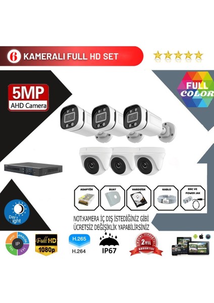 6'lı 5mp Ahd Kamera Seti – Full Color, 360MM Lensli, Gece Görüşlü Güvenlik Sistemi