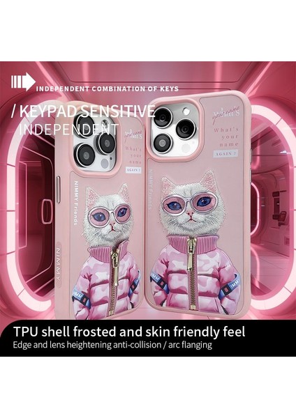 iPhone 15 3D Gerçek Nakış Işleme Kabartmalı Kedi Fermuar Mont Gözlük Detaylı Cool Glasses 2.0 White Rich And Beauty Kılıf