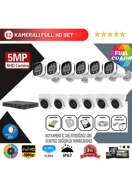 12'li 5mp Ahd Kamera Seti – Full Color, 360MM Lensli, Gece Görüşlü Güvenlik Sistemi