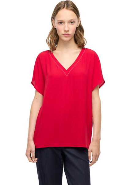 Kırmızı Ametist Rahat Kalıp V-Yaka Bluz