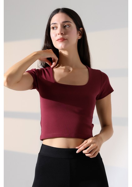 Kare Yaka Likralı Ribana Kumaş Kadın T-Shirt 21804 Bordo