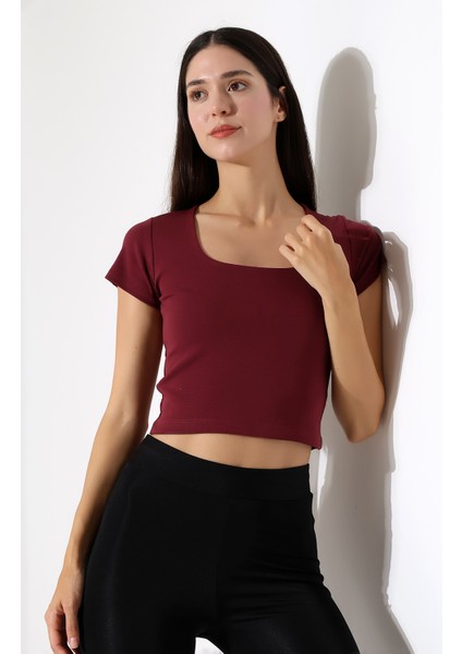 Kare Yaka Likralı Ribana Kumaş Kadın T-Shirt 21804 Bordo fiyatları