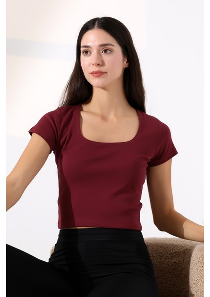 Kare Yaka Likralı Ribana Kumaş Kadın T-Shirt 21804 Bordo modelleri