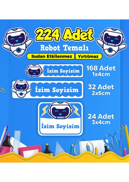 Robot Temalı Okul Kreş Kişiye Özel Isim Etiket Seti - Model 437