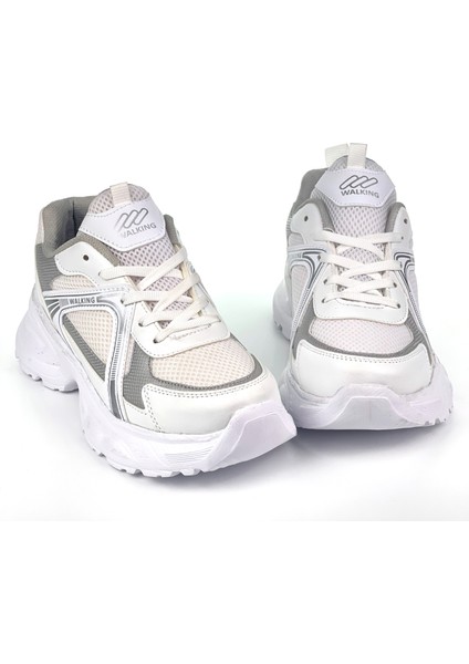 Kadın Beyaz Gümüş Hafif Fileli Günlük Rahat Sneaker Spor Ayakkabı
