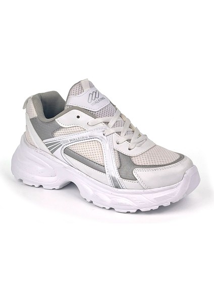 Kadın Beyaz Gümüş Hafif Fileli Günlük Rahat Sneaker Spor Ayakkabı