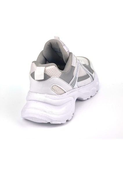 Kadın Beyaz Gümüş Hafif Fileli Günlük Rahat Sneaker Spor Ayakkabı
