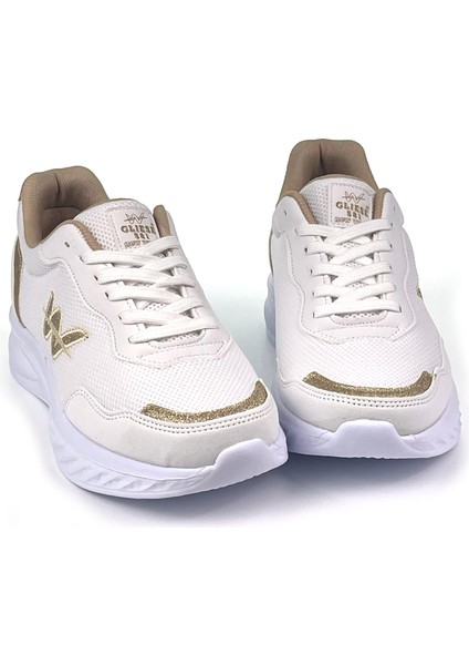 Kadın Beyaz Altın Hafif Fileli Günlük Rahat Sneaker Spor Ayakkabı
