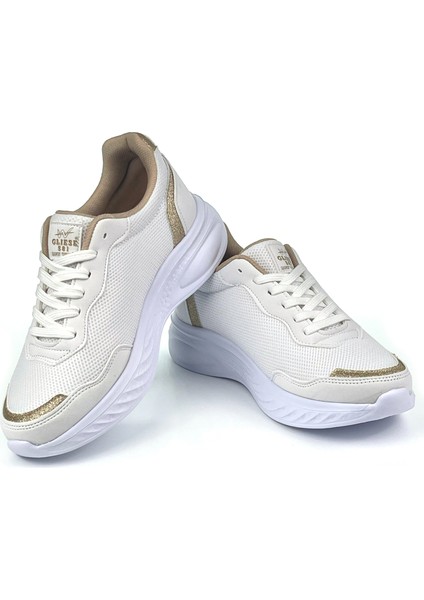 Kadın Beyaz Altın Hafif Fileli Günlük Rahat Sneaker Spor Ayakkabı