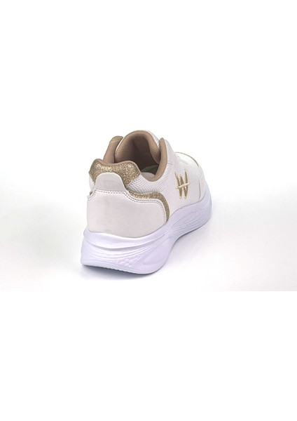 Kadın Beyaz Altın Hafif Fileli Günlük Rahat Sneaker Spor Ayakkabı