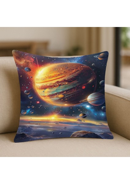 Uzay Dünya Desenli Kırlent Kılıfı – 43X43 Cm, Çift Taraflı, Fermuarlı, Yıkanabilir