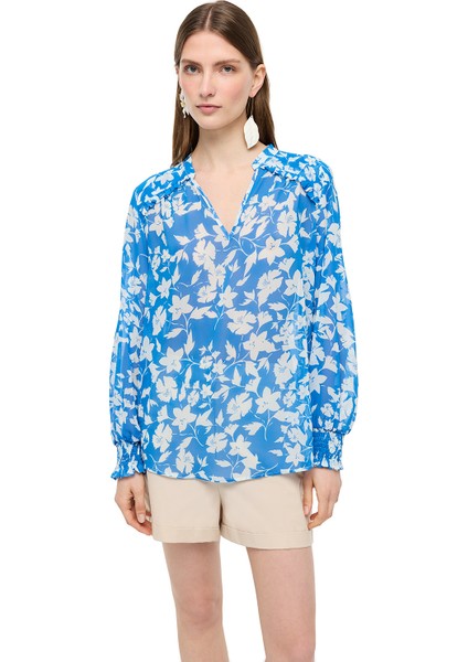 Mavi Beyaz Catos Regular Fit Bisiklet Yaka Bluz