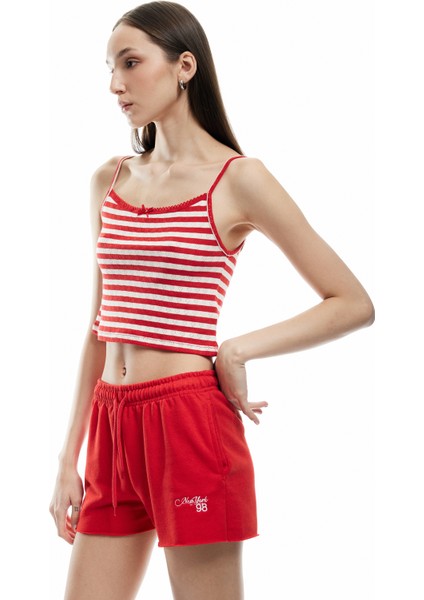 Yeni Sezon Ip Askılı Kalp Işlemeli Fiyonklu Çizgili Crop Bluz