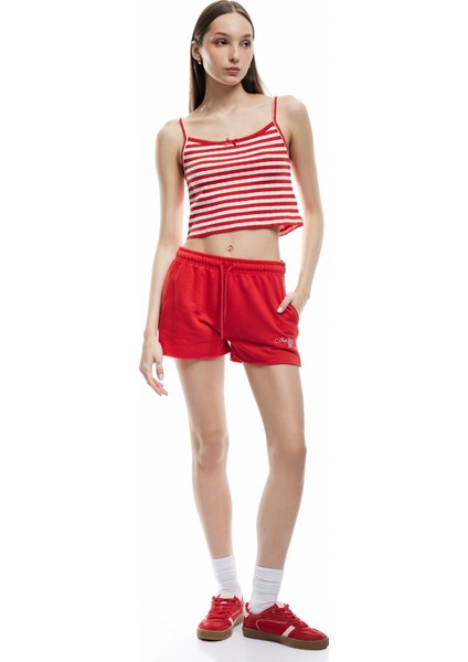 Yeni Sezon Ip Askılı Kalp Işlemeli Fiyonklu Çizgili Crop Bluz