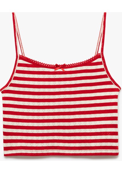 Yeni Sezon Ip Askılı Kalp Işlemeli Fiyonklu Çizgili Crop Bluz
