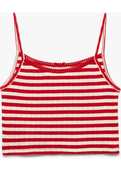 Yeni Sezon Ip Askılı Kalp Işlemeli Fiyonklu Çizgili Crop Bluz