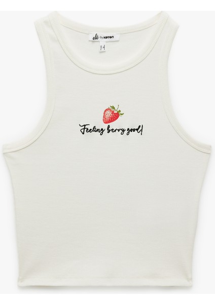 Yeni Sezon Pamuklu Bisiklet Yaka Slim Fit Çilek Nakışlı Kolsuz Bluz
