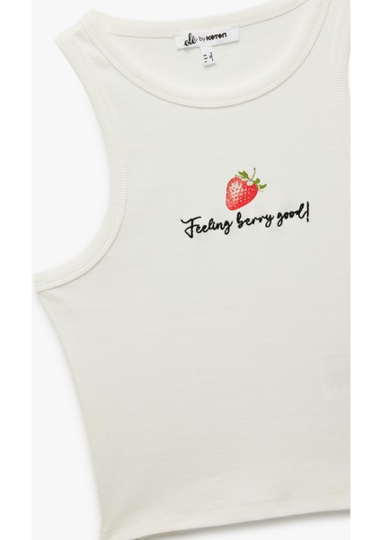 Yeni Sezon Pamuklu Bisiklet Yaka Slim Fit Çilek Nakışlı Kolsuz Bluz