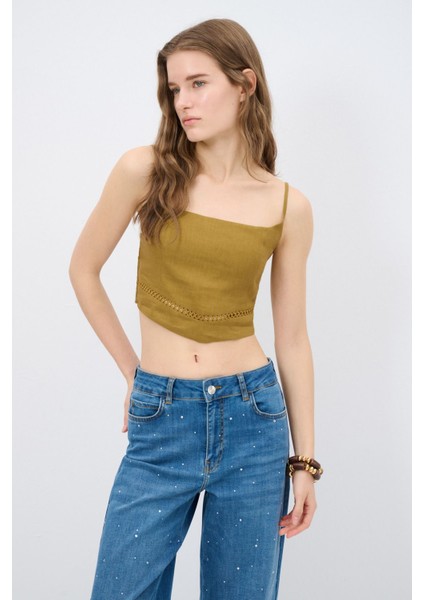 Nakış Detaylı Askılı Crop Bluz Olive 11544921000