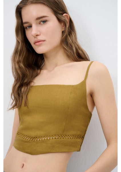 Nakış Detaylı Askılı Crop Bluz Olive 11544921000