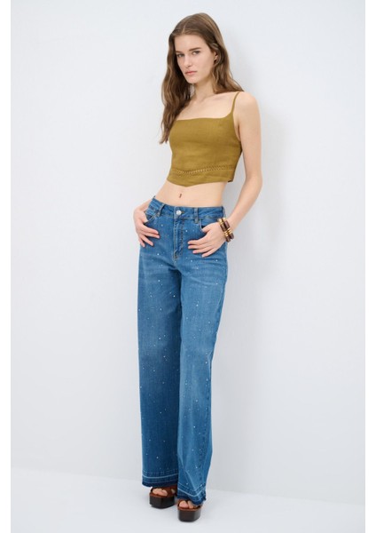 Nakış Detaylı Askılı Crop Bluz Olive 11544921000