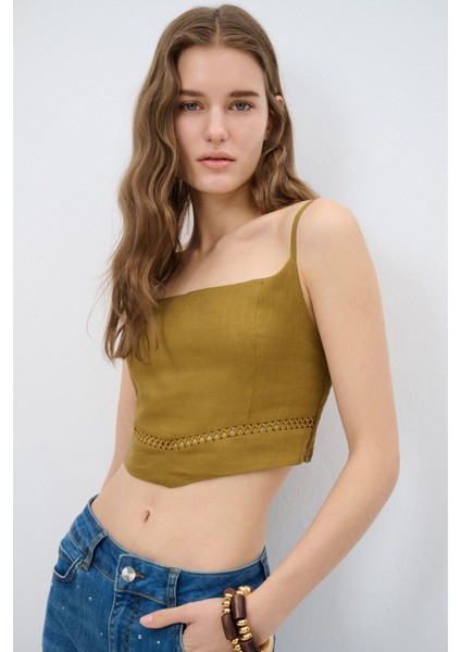 Nakış Detaylı Askılı Crop Bluz Olive 11544921000