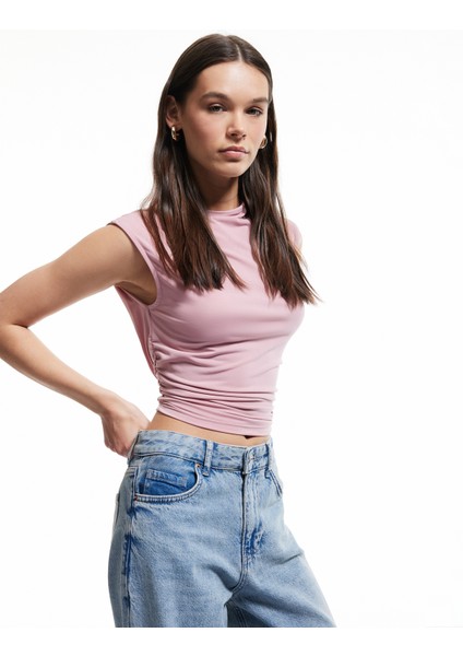 Yeni Sezon Drapeli Dik Yaka Kolsuz Crop Slim Fit Üst