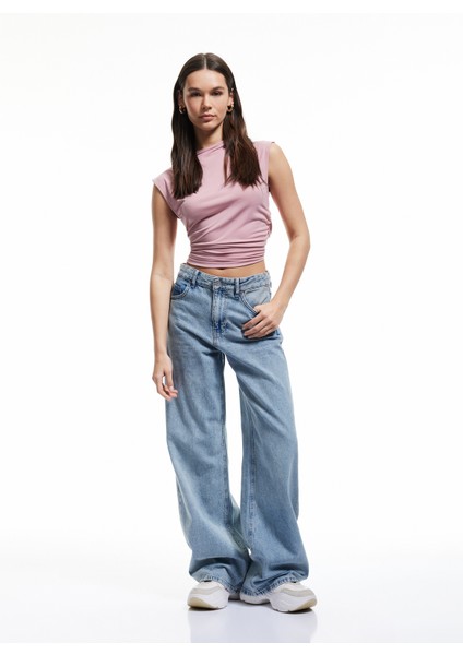 Yeni Sezon Drapeli Dik Yaka Kolsuz Crop Slim Fit Üst
