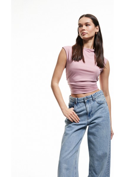 Yeni Sezon Drapeli Dik Yaka Kolsuz Crop Slim Fit Üst