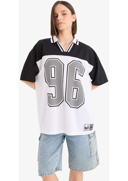 Yeni Sezon Coool Oversize Geniş Kalıp Polo Yaka Baskılı Kısa Kollu Tişört modelleri