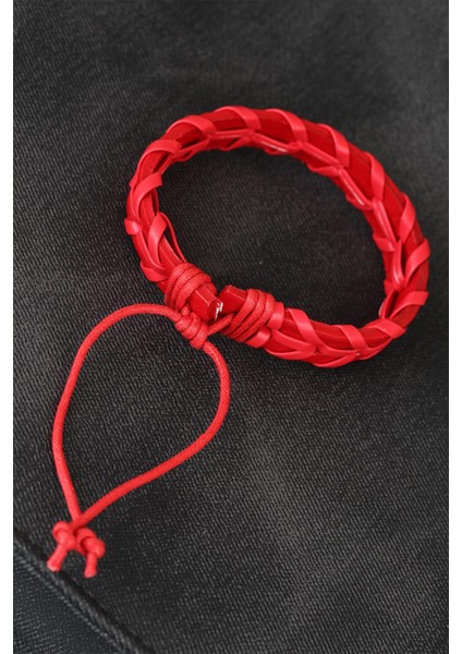 Kırmızı Renk Örgü Deri Erkek Bileklik - EB1852-ST fiyatları