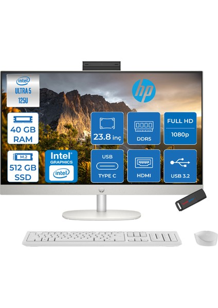 24-CR1021NT Intel Core Ultra 5 125U 40GB Ddr5 512GB SSD Windows 11 Home Intel® Aı Boost 23.8 Inç IPS Fullhd All In One Bilgisayar B05RSEAH17 + Zetta Flash Bellek
