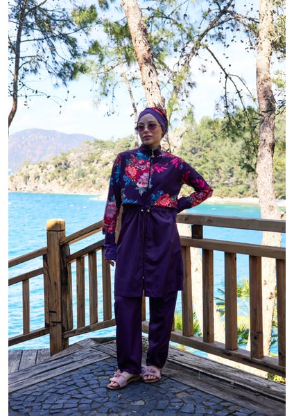 Etnik Model Spor Lycralı Tasarım Tesettür Ikili Mayo Takım