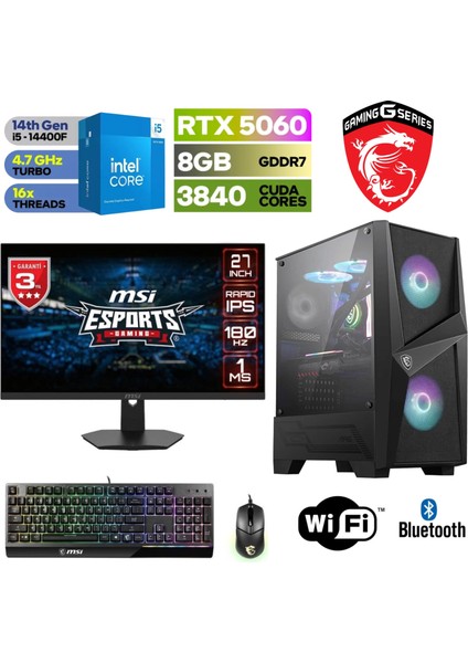Şafak Gaming Pc - 27”180HZ Msi- Rtx 5060 8 GB – Intel I5 14400F– 32 GB - 64 Ddr5 Ram – 1tb M.2 SSD – Klavye Mouse Msi Vigor