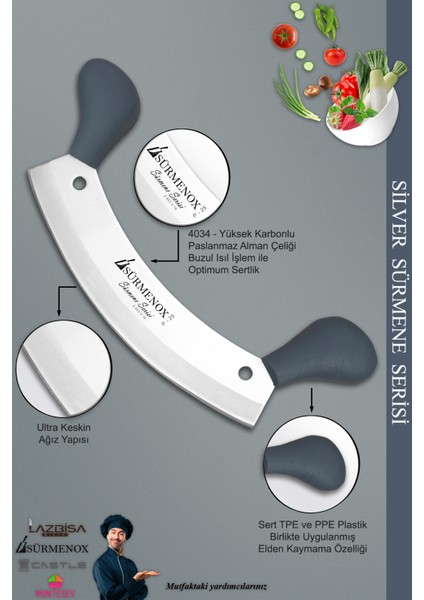 Sürmene Silver Serisi Gri Sap Mutfak Bıçak Bıçağı Hilal Börek Bıçağı Pizza Bıçağı 2 Li (SRM-016) modelleri