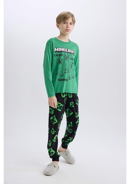 Yeni Sezon Erkek Çocuk Minecraft Pijama Takımı Bisiklet Yaka Uzun Kollu Üst Beli Lastikli Uzun Alt