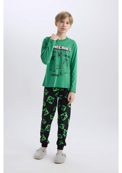 Yeni Sezon Erkek Çocuk Minecraft Pijama Takımı Bisiklet Yaka Uzun Kollu Üst Beli Lastikli Uzun Alt