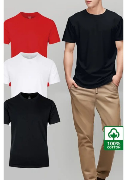 Beyaz Siyah Kırmızı 3'lü Basic Bisiklet Yaka T-Shirt