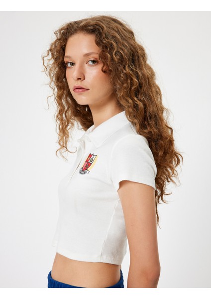 Yeni Sezon Polo Yaka Tişört Crop Düğmeli Kısa Kollu Kolej Işlemeli Slim Fit