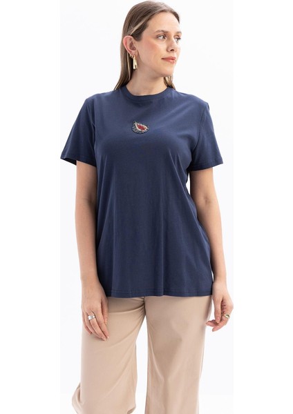 Indigo-Kısa Kollu Nakış Detaylı Süprem Tshirt