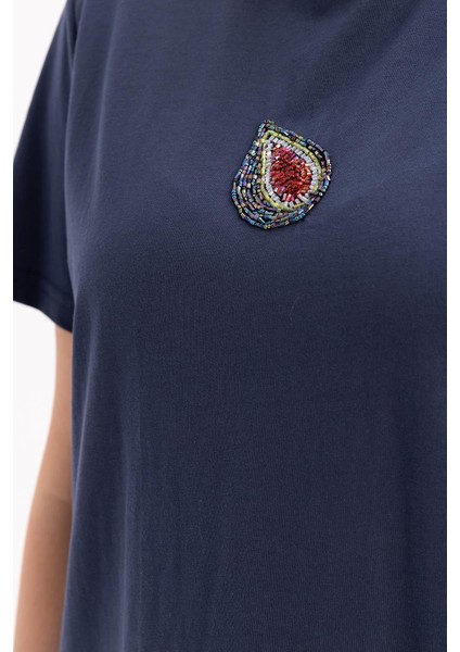 Indigo-Kısa Kollu Nakış Detaylı Süprem Tshirt indirimleri