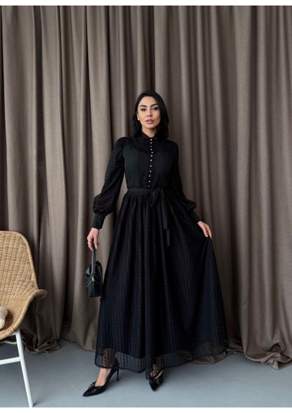 Ithal Tül Kumaş Dantel Detaylı & Astarlı Elbise(Kuşak Dahildir)